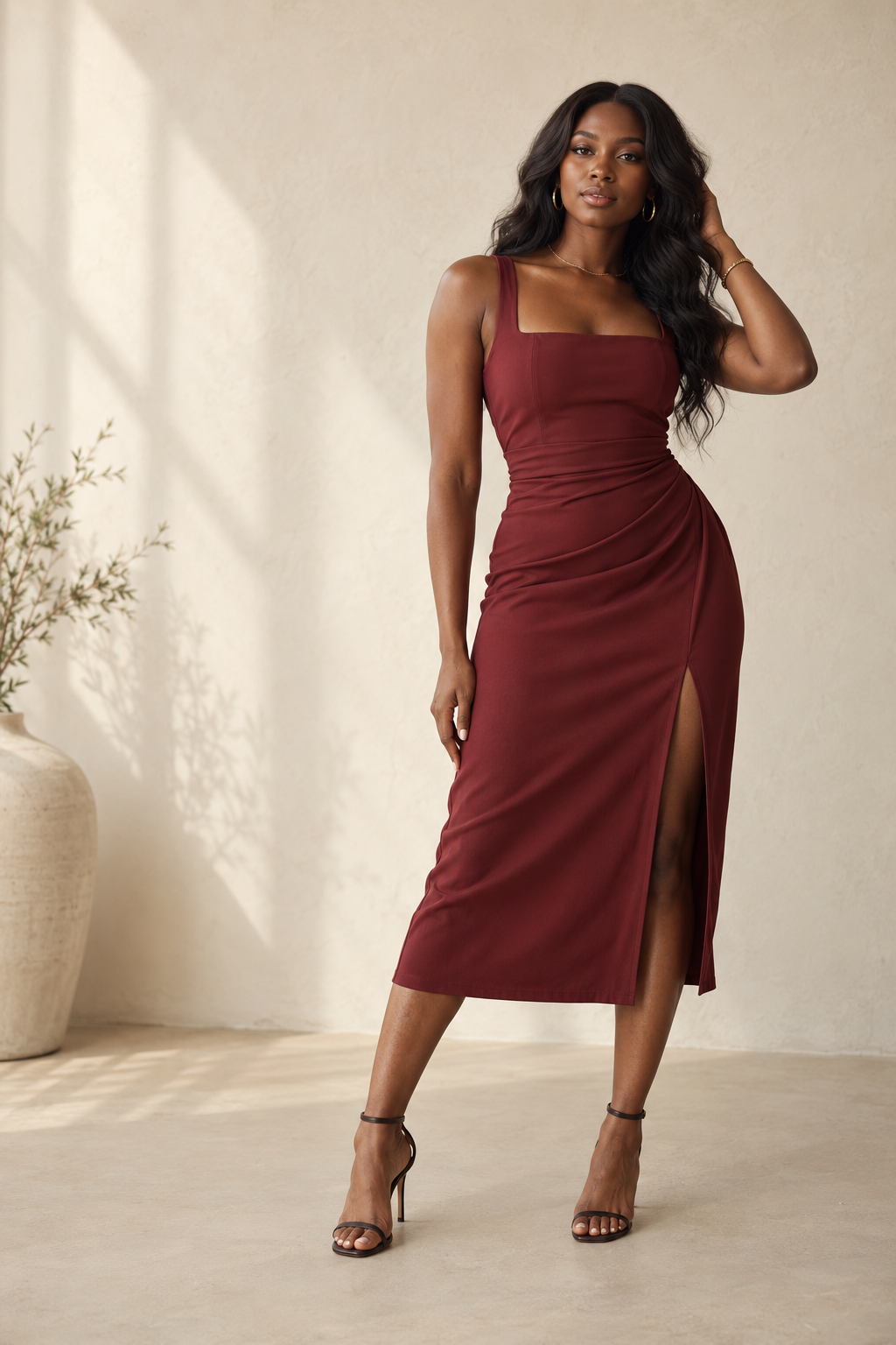 Model wearing an elegant burgundy dress